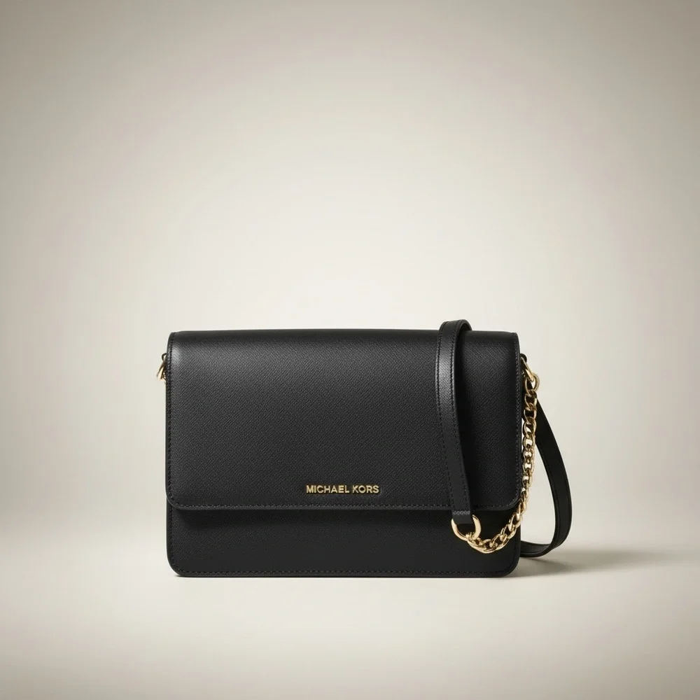 Michael Kors Black Saffiano Leather Crossbody Shoulder Bag Gold Chain